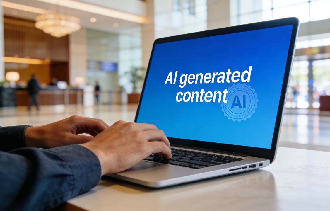 Nahaufnahme eines Laptops in einer modernen Hotel-Lobby. Auf dem blauen Bildschirm steht der Text „AI generated content“ neben einem runden KI-Siegel. Ein Nutzer tippt auf der Tastatur.
